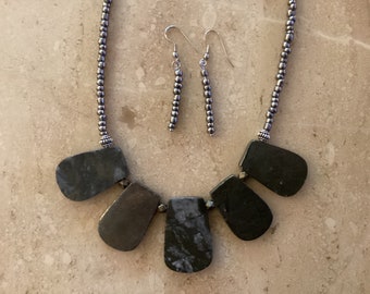 Pyrite pendant necklace and earring set