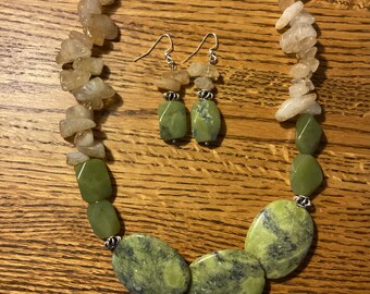 Citrine and yellow jade nugget necklace and earring set
