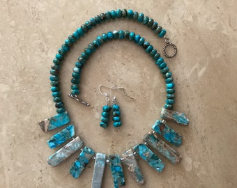 Aqua imperial jasper spike necklace and earring set