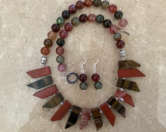 Beautiful and colorful Jasper pendant necklace and earring set