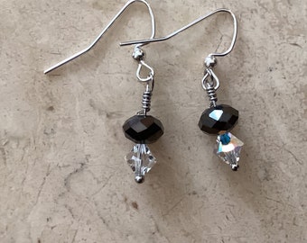 Clear AB Swarovski crystal bicone and faceted black Czech bead dangle earrings