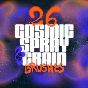 May include: A digital illustration of a cosmic spray and grain brush set. The image features a dark blue background with white stars and colorful nebulae. The text "26 COSMIC SPRAY & GRAIN BRUSHES" is written in white with orange and blue accents.