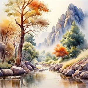 Vintage Watercolor Landscapes, 20 pack, Antique style designs of natural landscapes, fall themed wall decor, Digital Download.