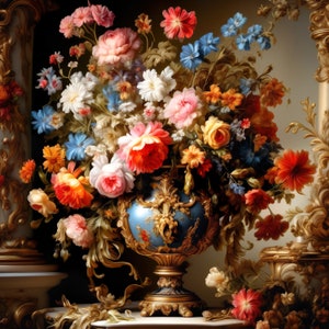 Arreglos florales barrocos, paquete de 20, flores en jarrón, lienzo de flores, impresiones de carteles botánicos, arte de la pared del dormitorio, descarga digital.