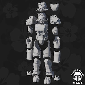 May include: A 3D printed model of a power armor suit, disassembled into its individual parts. The model is made of white plastic and is ready for painting.