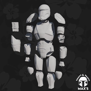 Puede incluir: Un kit de modelo de plástico blanco de una armadura de soldado clon de Star Wars. La armadura está desmontada en varias piezas, incluyendo el casco, la placa del pecho, los hombreras, los brazos, las piernas y las manos.