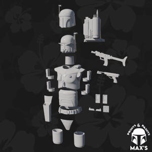 May include: A disassembled white plastic model kit of a Star Wars Boba Fett action figure. The kit includes the helmet, torso, legs, arms, and weapons.