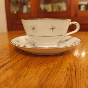 Vintage Zylstra Celestial Cup & Saucer Set – Atomic Starburst Japan China, Mid Century Modern Silver Rim Teacup. 8 Sets  Available MCM