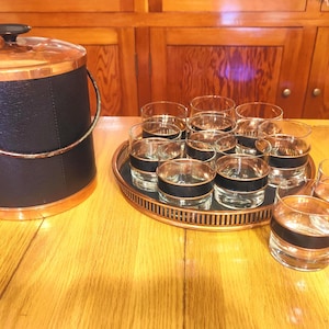 Mid-Century Modern Copper Craft Guild Vintage Bar Set- Tray, 10 Glasses w Rings, Faux Leather Ice Bucket. Large Sophisticated Barware Set