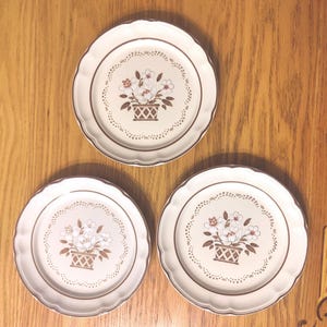 Op de afbeelding: Drie witte keramische dinerborden met een bruine rand en een bloemenmotief. Elk bord heeft een bruine mand met witte bloemen en bruine bladeren.