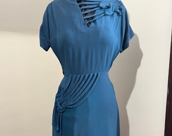 1940s Peacock Blue Crepe Dress with Neckline Details