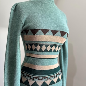 Super Sexy 70s Mint Green Turtleneck Sweater with Geometric Pattern