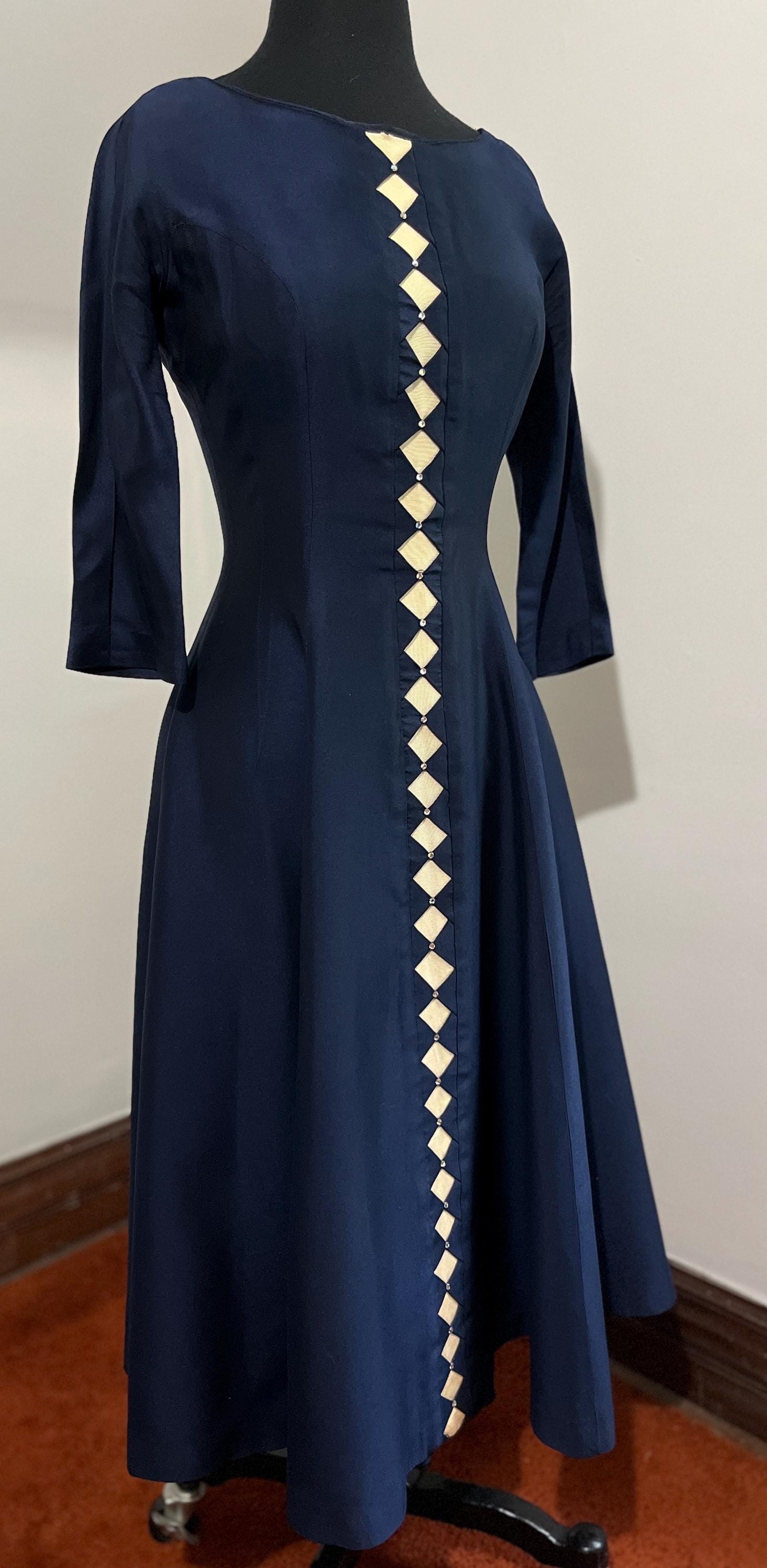 1950s Navy Blue Dress with Ivory Insets