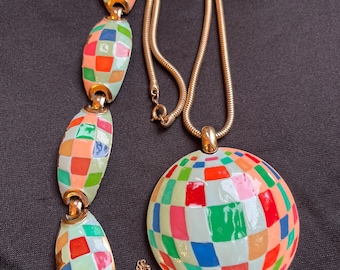 vintage Eisenberg Enamel Colorful Round Pendant on Gold Tone Snake Necklace matching bracelet Harelequin style heavy set