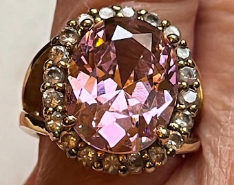 Vintage Camrose & Kross JBK Jackie Kennedy huge pink crystal with clear crystal 925 sterling gold vermeil ring size 6 over 10 grams