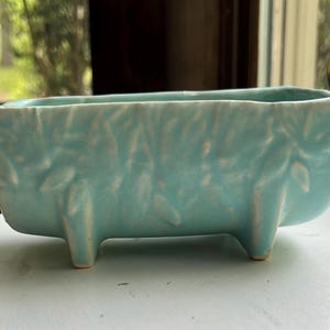 Puede incluir: Una jardinera rectangular de cerámica azul claro con un diseño de hojas en relieve. La jardinera se apoya en tres pequeños pies redondeados. El interior está vacío, listo para plantas. El diseño es simple y elegante.