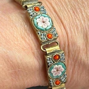 Vintage made in Italy micro mosaic 9 links bracelet blue pink red brass backed simple hook clasp 7 inches unique