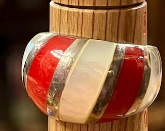 Vintage Sterling Silver 925 mother of pearl red coral bands rings size 5.5 weighs almost 6 grams unique beautiful