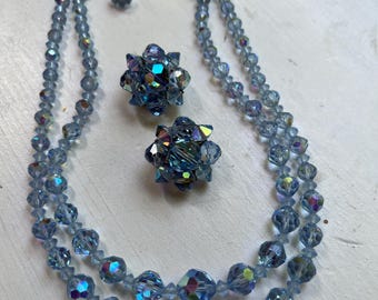 Vintage faceted blue crystal aurora Borealis two strand necklace w/ rhinestone clasp & Germany blue Aurora Borealis crystal clip earrings