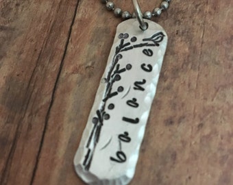 Word of the Year Necklace - Balance Necklace - Handstamped Inspirational Necklace - Personalized Necklace - Tree Branch Bird Necklace