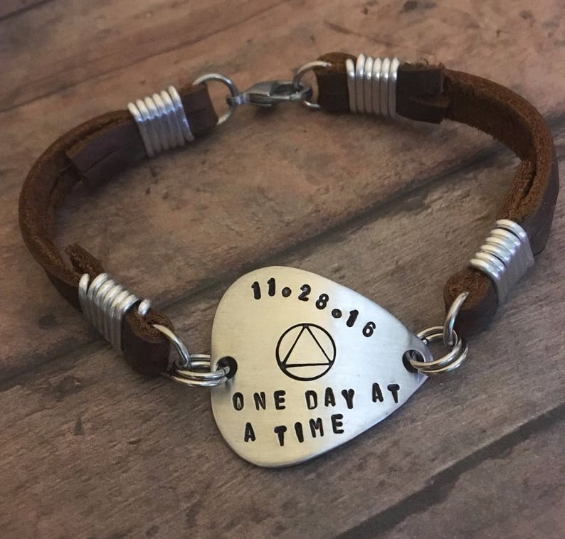 Personalized Guitar Pick Leather Bracelet AA Symbol Bracelet Etsy