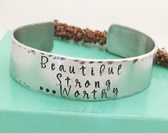 Beautiful Strong and Worthy Bracelet, Affirmation Bracelet, Recovery Bracelet, Self Harm, Eating Disorder Jewelry, Recovery Gifts, Gift