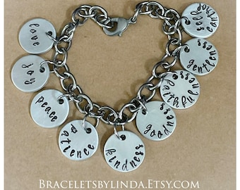 Fruit of the Spirit Charm Bracelet, Love Joy Peace Patience, Scripture Bracelet, Bible Verse Jewelry, Christian, Religious, Galatians 5:22