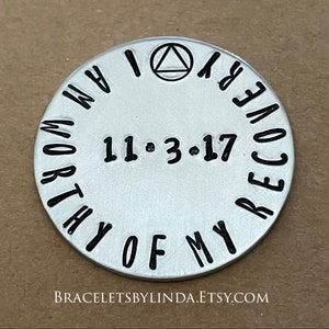 Sobriety Token, Personalized Pocket Token, I am Worthy of My Recovery, Sobriety Coin, AA Coin, AA Anniversary Gift, Recovery Medallion image 1