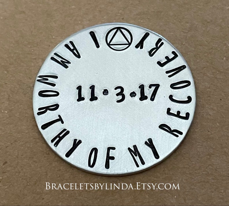 Sobriety Token, Personalized Pocket Token, I am Worthy of My Recovery, Sobriety Coin, AA Coin, AA Anniversary Gift, Recovery Medallion image 1