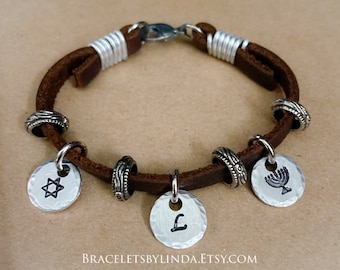 Judaica Bracelet, Star of David Bracelet, Personalized Charm Bracelet, Jewish Jewelry, Bat Mitzvah, Menorah, Initial Charm, Hanukkah Gift
