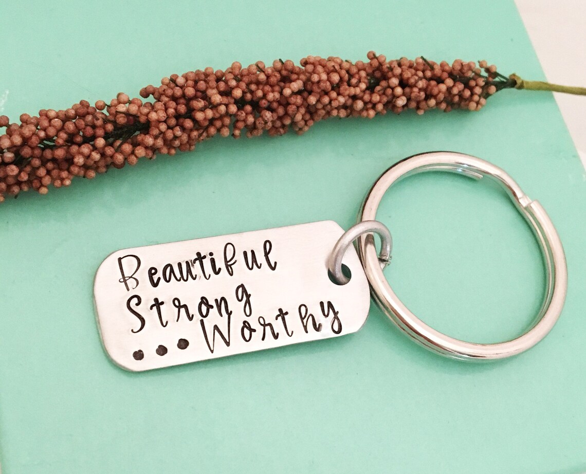 Beautiful Strong and Worthy Key Ring, Affirmation Key Ring, Recovery ...