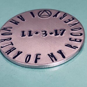 Sobriety Token, Personalized Pocket Token, I am Worthy of My Recovery, Sobriety Coin, AA Coin, AA Anniversary Gift, Recovery Medallion image 6