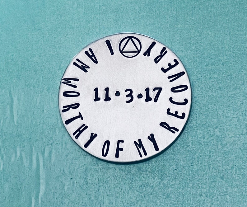 Sobriety Token, Personalized Pocket Token, I am Worthy of My Recovery, Sobriety Coin, AA Coin, AA Anniversary Gift, Recovery Medallion image 2