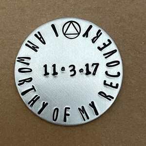 Sobriety Token, Personalized Pocket Token, I am Worthy of My Recovery, Sobriety Coin, AA Coin, AA Anniversary Gift, Recovery Medallion image 3