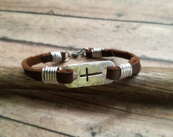 Cross Bracelet, Leather Cross Bracelet, Hand Stamped Cross Bracelet, Confirmation Bracelet, First Communion Bracelet, Baptism Gift, Religion