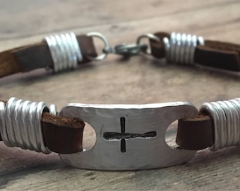 Cross and Date Bracelet, Leather Cross Bracelet, Confirmation Bracelet, First Communion Bracelet, Baptism Bracelet, Religious Gift Bracelet