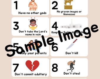 May include: A beige poster featuring the Ten Commandments. Each commandment is represented by an image and text, such as "Have no other gods" and "Don't steal." The title "THE TEN COMMANDMENTS" is at the top.