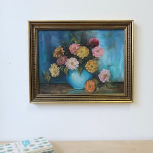 Vintage Bouquet of Flowers in Blue Vase Original Still Life Oil Painting Bild 7