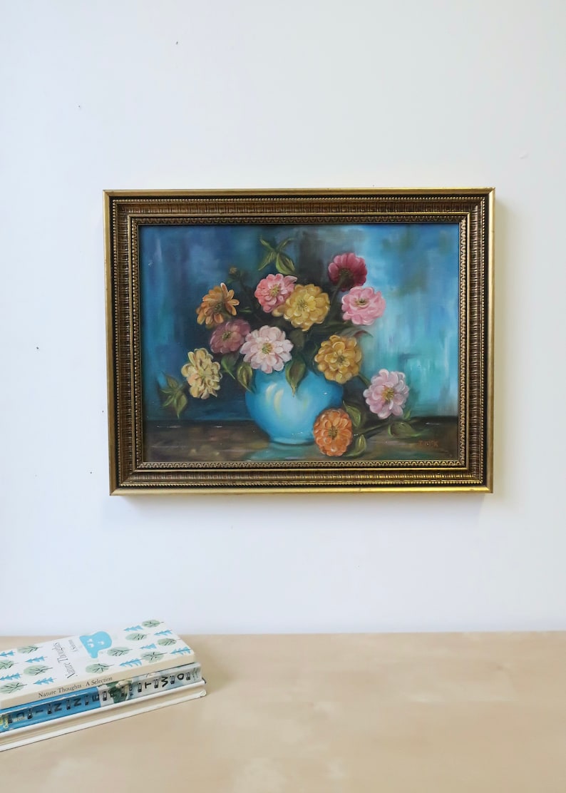 Vintage Bouquet of Flowers in Blue Vase Original Still Life Oil Painting Bild 7