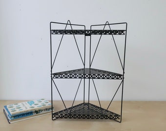 Vintage Foldable Black Wire Grid Corner Shelf or Rack - Midcentury