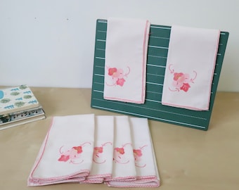 Vintage Cloth Napkins with Floral Applique and Pink Boarders  - set of 6