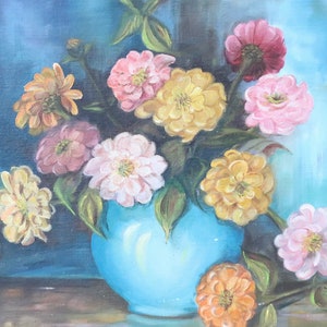 Vintage Bouquet of Flowers in Blue Vase Original Still Life Oil Painting Bild 2