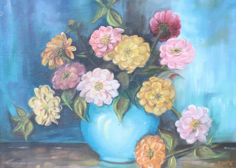 Vintage Bouquet of Flowers in Blue Vase Original Still Life Oil Painting Bild 2