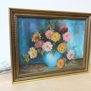 Vintage Bouquet of Flowers in Blue Vase Original Still Life Oil Painting Bild 4