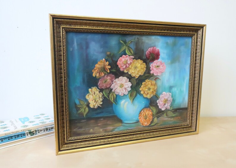 Vintage Bouquet of Flowers in Blue Vase Original Still Life Oil Painting Bild 4