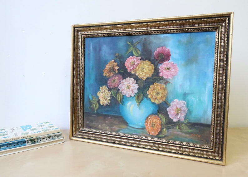 Vintage Bouquet of Flowers in Blue Vase Original Still Life Oil Painting Bild 3
