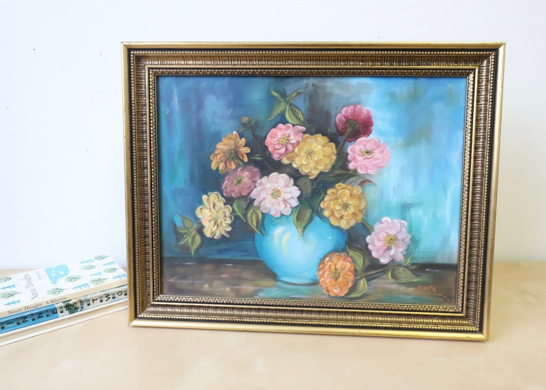 Vintage Bouquet of Flowers in Blue Vase Original Still Life Oil ...