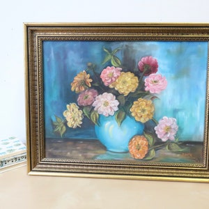 Vintage Bouquet of Flowers in Blue Vase Original Still Life Oil Painting Bild 1