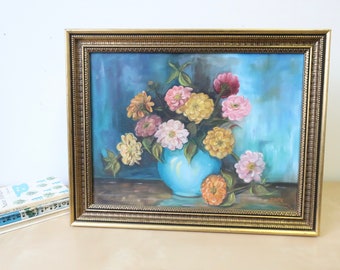 Vintage Bouquet of Flowers in Blue Vase Original Still Life Oil Painting