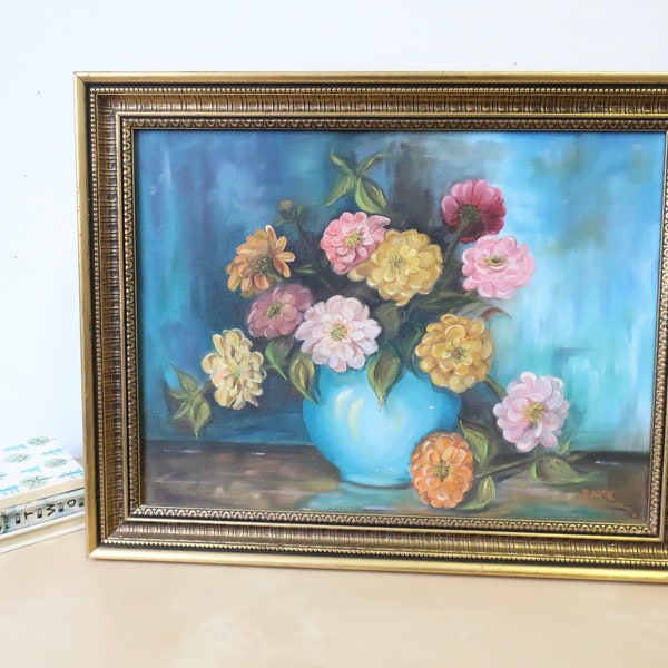 Vintage Bouquet of Flowers in Blue Vase Original Still Life Oil Painting
